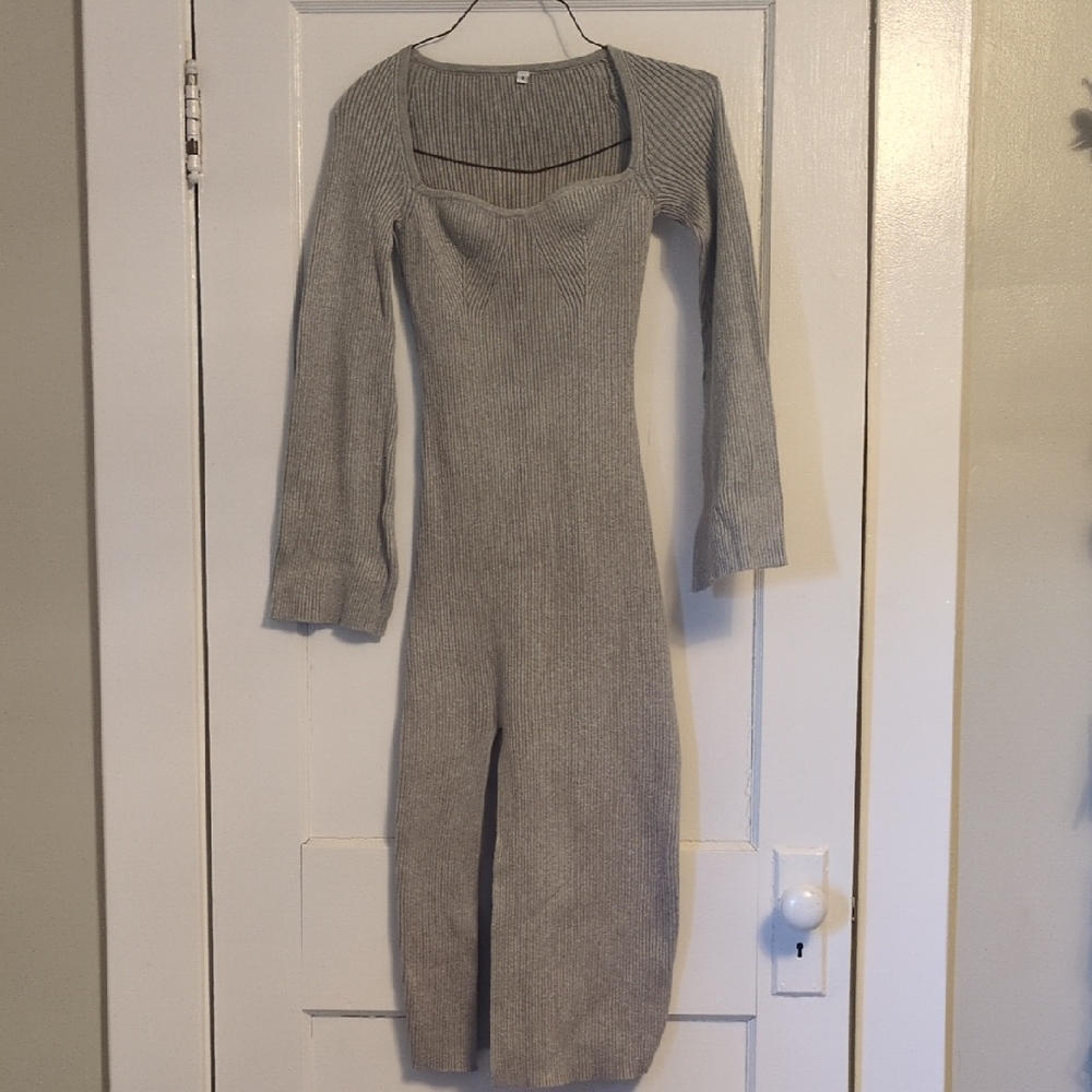Elegant Gray Ribbed Knit Dress Sweater Small Wide Sleeve